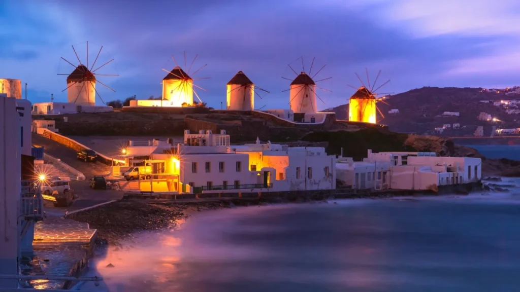 Things to do in Mykonos: Kato Mili windmills and Little Venice at blue hour